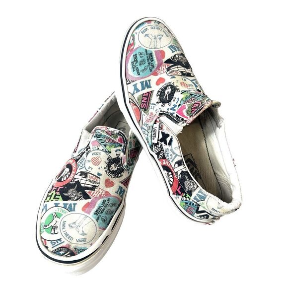 Vans Off The Wall Women 8 Slip On Skater Sneaker Shoe Sticker Mash-Up BMX Canvas - Picture 1 of 12